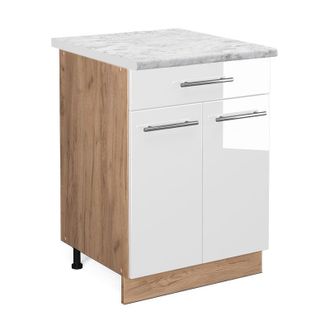 Vicco Mueble Bajo De Cocina Fame-line, Blanco Alto Brillo, 60 Cm Con Caj&oacute;n, Et M&aacute;rmol, Vicco