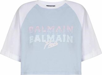 Balmain Cropped T-shirt met Parijs print - Dames - T-shirts - Blauw - M - Katoen - Tops