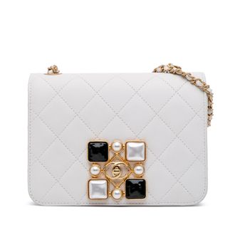 Chanel White Small CC Quilted Calfskin Crystal Pearl Full Flap