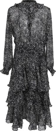 Maje Printed Midi Tiered Dress in Black Silk