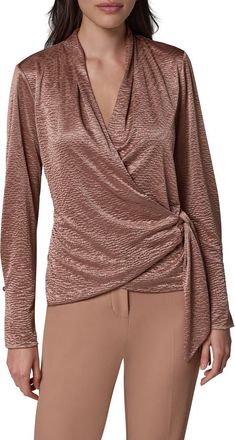 DKNY Crinkle Tie Waist Satin Top in Camel at Nordstrom, Size X-Small