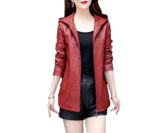 Generic Ladies Hooded Leather Jacket Loose Zipper Coats