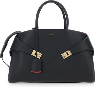 Ferragamo Hug Black Handbag With Logo And Gancini Buckle In Leather Woman