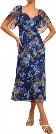 Lulus Womens Valla Floral Flutter Sleeve Midi Dress In Navy Blue