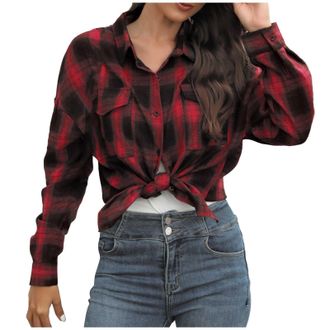 Generic Checked Shirts Womens UK Flannel Long Sleeve V Neck Lapel Collar Gingham Tops Boyfriend Button Down Blouse with Pocket Ladies Oversized Lightweight Pl