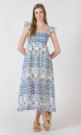 Dex Clothing Sweet Days Embroidered Dress In Cream Blue