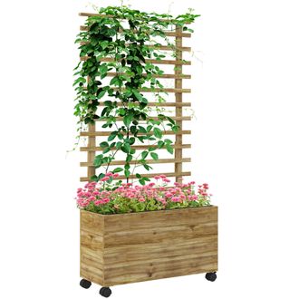 OUTSUNNY Garden Wooden Trellis Planter Box Raised Bed w/ 4 Wheels - Natural | TJ Hughes