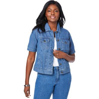 Jessica London Short Sleeve Denim Jacket in Medium Stonewash at Nordstrom, Size 16