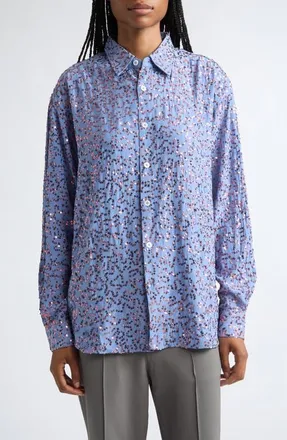 Zankov Antonia Sequin Embellished Silk Button-Up Shirt in Aquamarine at Nordstrom, Size Medium