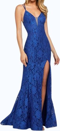 Sherri Hill Strappy Back Lace Dress In Royal