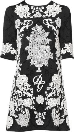 Dolce & Gabbana Zwarte Bloemen Kant A-Lijn Mini Jurk - Dames - Korte kleedjes - Zwart - M - Kleedjes