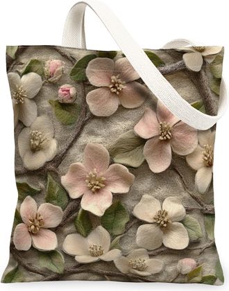 Generic Spring Apples Blossoms Flower Canvas Tote Bag for Shopping 13x15, Knitting Style Floral Reusable Grocery Print Pattern Bag for Women, Fun Luxury Beach