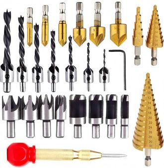 OEM Juego De 26 Brocas Avellanadoras, 8 Brocas Para Tacos De Madera, 7 Brocas De Tres Puntas, 6 Brocas Avellanadoras Y 3 Brocas C&oacute;nicas Escalonadas