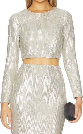 L'agence Rogan Crop Sequin Long Sleeve Top In Silver