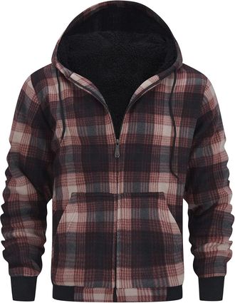 Generic Mens Plaid Hoodies Zip Up Fleece Sherpa Lined Winter Warm Jackets Casual Fashion Comfort Thermal Fleece Checked Coat mens quilted shirts lumberjack fl