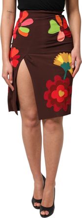 Dolce & Gabbana Womens Brown Floral High Waist Side Slit Skirt Viscose Acetate Elastane