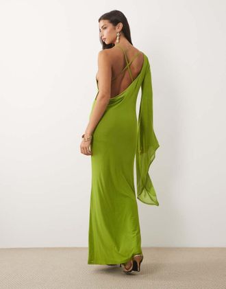 Asos Vestito lungo in rete color agrumi con maniche drappeggiate e sciarpa-***