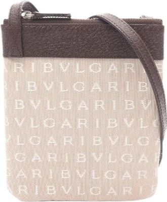 Bulgari Pre-owned Logo Mania Canvas Leather Schoudertas - Dames - Vintage Schoudertas - Beige - ONE Size - Leer - Vintage