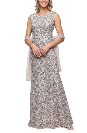 Alex Evenings Beaded Floral Gown with Shawl in Mink/Silver at Nordstrom, Size 10