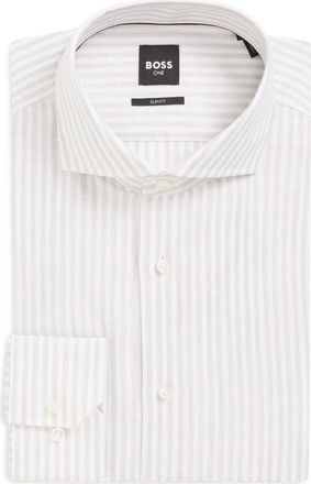 BOSS Hank Slim Fit Plaid Linen & Cotton Shirt in Open Beige at Nordstrom, Size 14.5