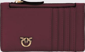 Pinko Flat Leather Card Holder with Love Birds Logo and Zip Closure