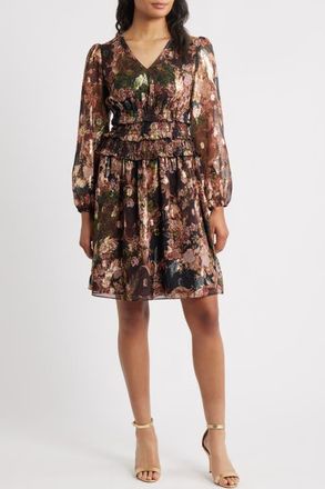 Eliza J Print Smocked Waist Long Sleeve Dress in Blck Multi at Nordstrom, Size 16