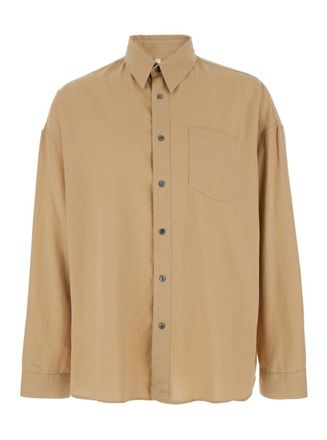 Sunflower Stable Beige Shirt With Classic Collar And Dropped Shoulders In Linen Blend Man