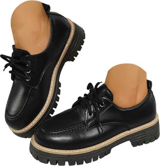 Generic Platform Oxford Shoes for Women Lace Up Lug Sole Loafers Classic Leather Business Casual Work Slip On Walking Shoes Womens Chunky Low Heel Comfortable