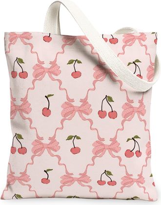 Generic Peach Cherries Floral Canvas Tote Bags, Cute Bow Pattern Reusable Grocery Bags, Spring Lightweight Washable Shoulder Strap, Peach, 13x15 Inch