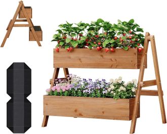 Woltu Woltu Macetero De Madera De 2 Niveles Para Jard&iacute;n, Color Marr&oacute;n