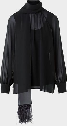 Akris Feather-Trim Scarf Silk Georgette Blouse