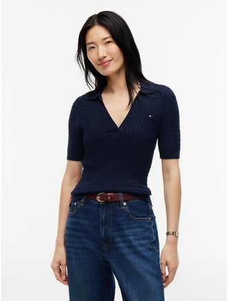 Tommy Hilfiger Womens Short-Sleeve Cable Knit Sweater Polo - Dark Blue - XXS