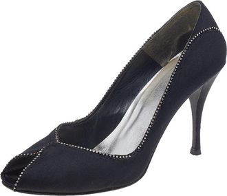 Stuart Weitzman Black Satin Embellished Peep Toe Pumps