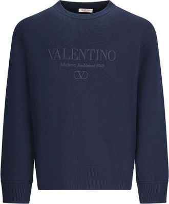 Valentino Garavani Round-neck Knitwear, male, Blue, XL, Embroidered Jumper