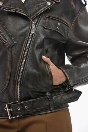 Alexander McQueen Oversized Vintage-Effect Leather Biker Jacket Alexander McQueen