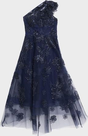 Teri Jon Floral Beaded One-Shoulder Tulle Gown