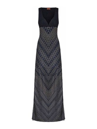 Missoni Blue Long V-Neck Dress With Diamond Pattern