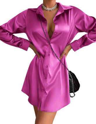 Zeagoo Womens Stain Long Sleeve Dress Button Down Shirts Tunic Dresses Casual V-Neck Mini Dress with Belt, 01-hot Pink, XL
