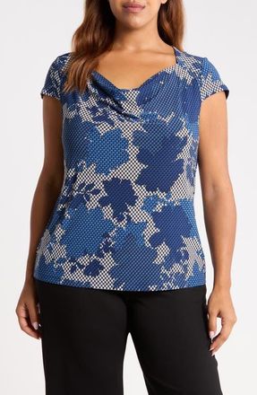 Kasper Floral Cowl Neck Cap Sleeve Top in Vanilla Ice Multi at Nordstrom, Size 1X