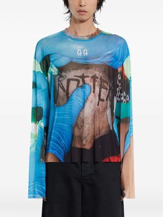 44 Label Group Tattoo long-sleeve mesh T-shirt - Blue