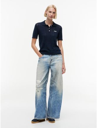 Tommy Hilfiger Womens Tommy Jeans Distressed Wide Leg Jean - Blue - 27W x LongL