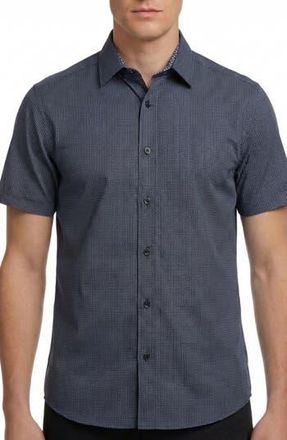 Report Collection Geometric Print 4-Way Stretch Short Sleeve Button-Up Shirt in Indigo at Nordstrom Rack, Size Xx-Large