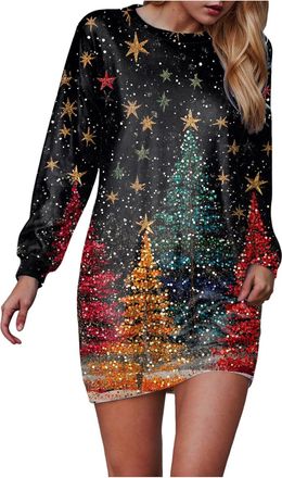 Generic Christmas Sweatshirt Dress for Women Casual Crew Neck Dress Tunic Skirt Funny Party Costume Womens Christmas Jumpers Xmas Jumper with Print, Crew Neck