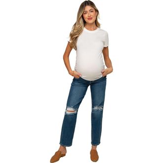 Pinkblush Distressed Open Knee Cropped Maternity Straight Leg Jeans in Navy Blue at Nordstrom, Size 27