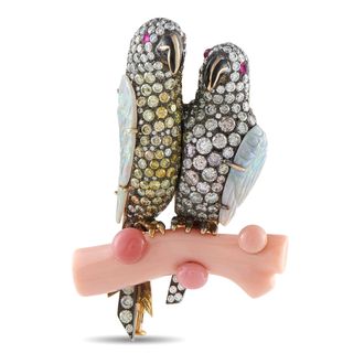 Luxury Bazaar 18K Rose Gold and Sterling Silver 4.20ct Diamond, Opal, and Conch Pearl Lovebirds Brooch MF13-071526