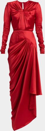 Valentino Garavani Asymmetric Draped Satin Long-Sleeve Gown