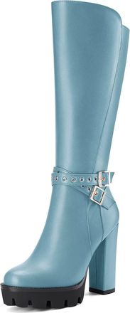 Castamere Women Chunky Block High Heel Close Round Toe Mid Calf Zipper Buckle Office Classic Boots Blue A 5 UK