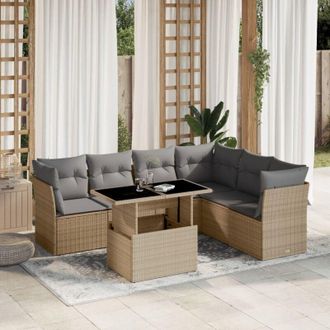 vidaXL Vidaxl - Set Sof&aacute;s De Jard&iacute;n 7 Piezas Y Cojines Rat&aacute;n Sint&eacute;tico Beige