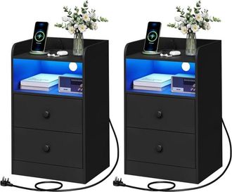 Woltu 2x Bedside Table,3-tier Nightstand,LED Bedside Cabinet,Side Cabinet for Bedroom Living Room, Black - Woltu