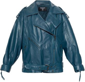 Balmain Leren Jas Met Riem - Dames - Leren en Su&egrave;de Jassen - Blauw - XS - Leer - Jassen